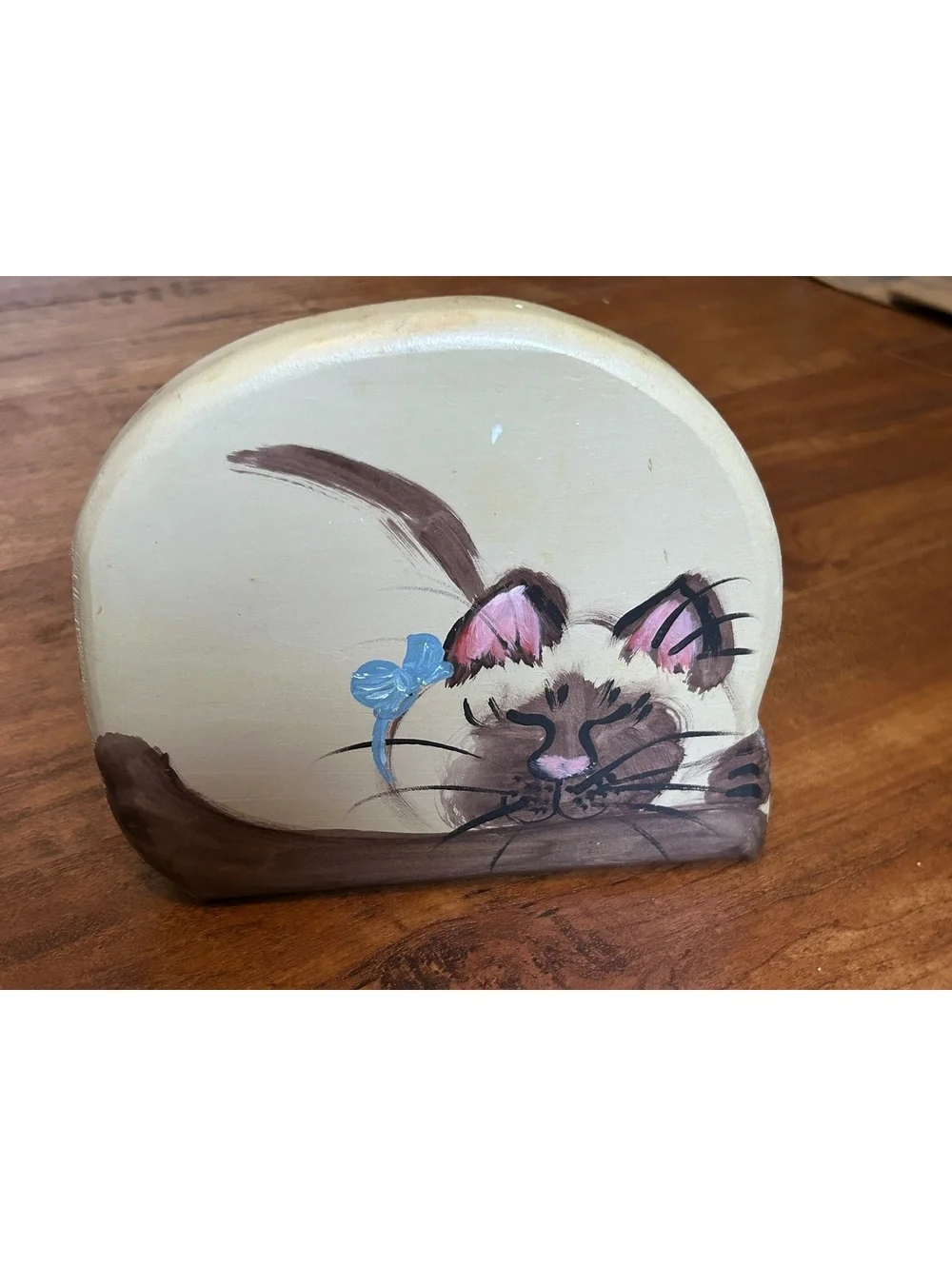 Vintage 1975 Hand-Painted Wooden Cat Bookends